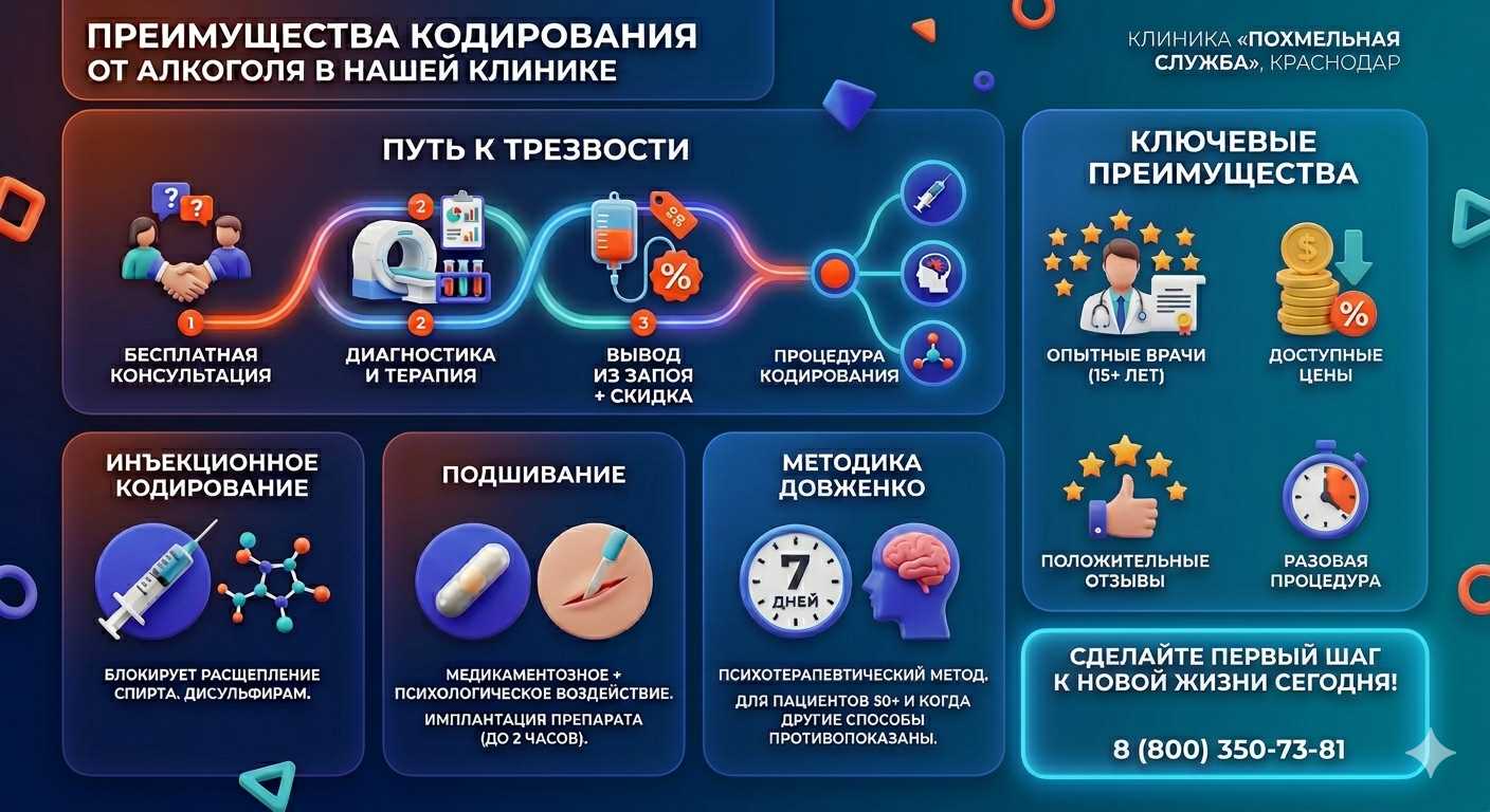 Инфографика о методах кодирования от алкоголя в Темрюке: инъекции, подшивание, метод Довженко. Преимущества клиники и этапы лечения.